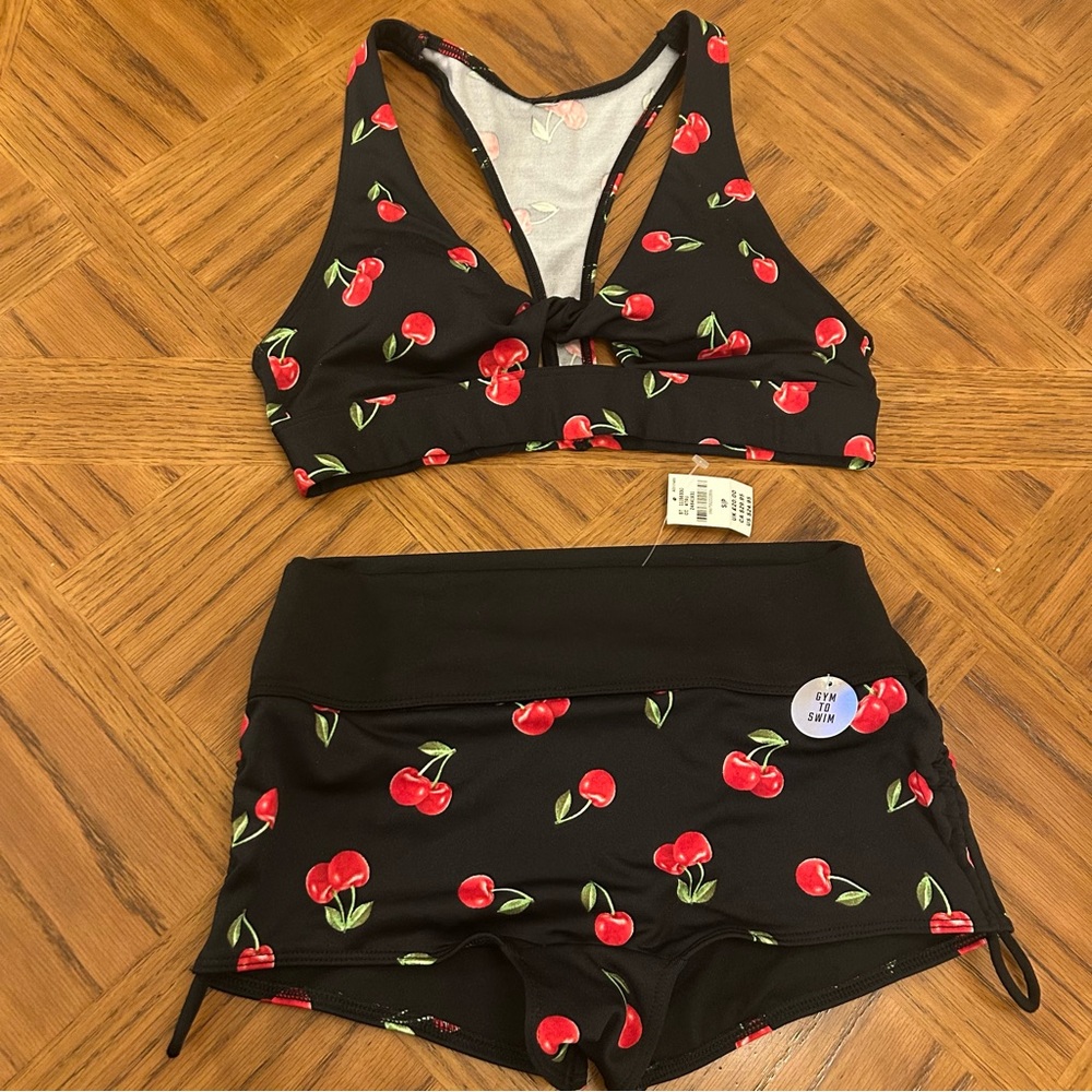 🍒 Gym to Swim Cherries PINK Victoria's Secret Black Cherry Bikini - Picture 2 of 15